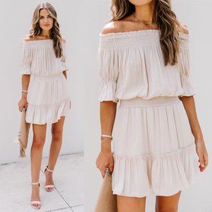 NWOT Vici Collection Fond Of You Satin Smocked Off The Shoulder Dress